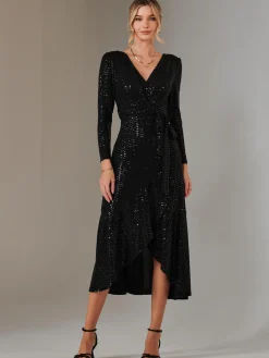 Jolie Moi Occasion Dresses|Wrap Dresses-Long Sleeve Metallic Spot Maxi Dress, Black