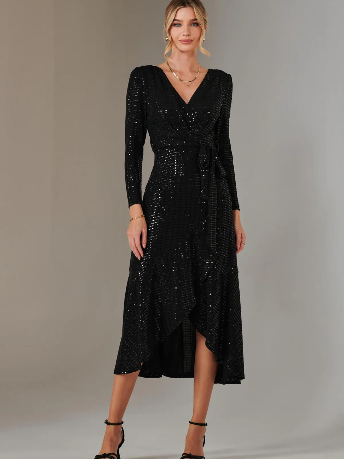 Jolie Moi Occasion Dresses|Wrap Dresses-Long Sleeve Metallic Spot Maxi Dress, Black
