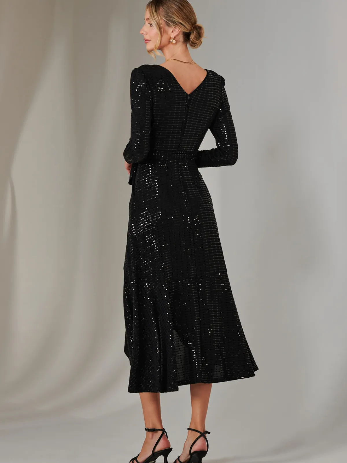 Jolie Moi Occasion Dresses|Wrap Dresses-Long Sleeve Metallic Spot Maxi Dress, Black