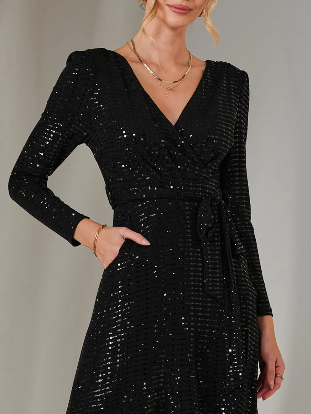 Jolie Moi Occasion Dresses|Wrap Dresses-Long Sleeve Metallic Spot Maxi Dress, Black