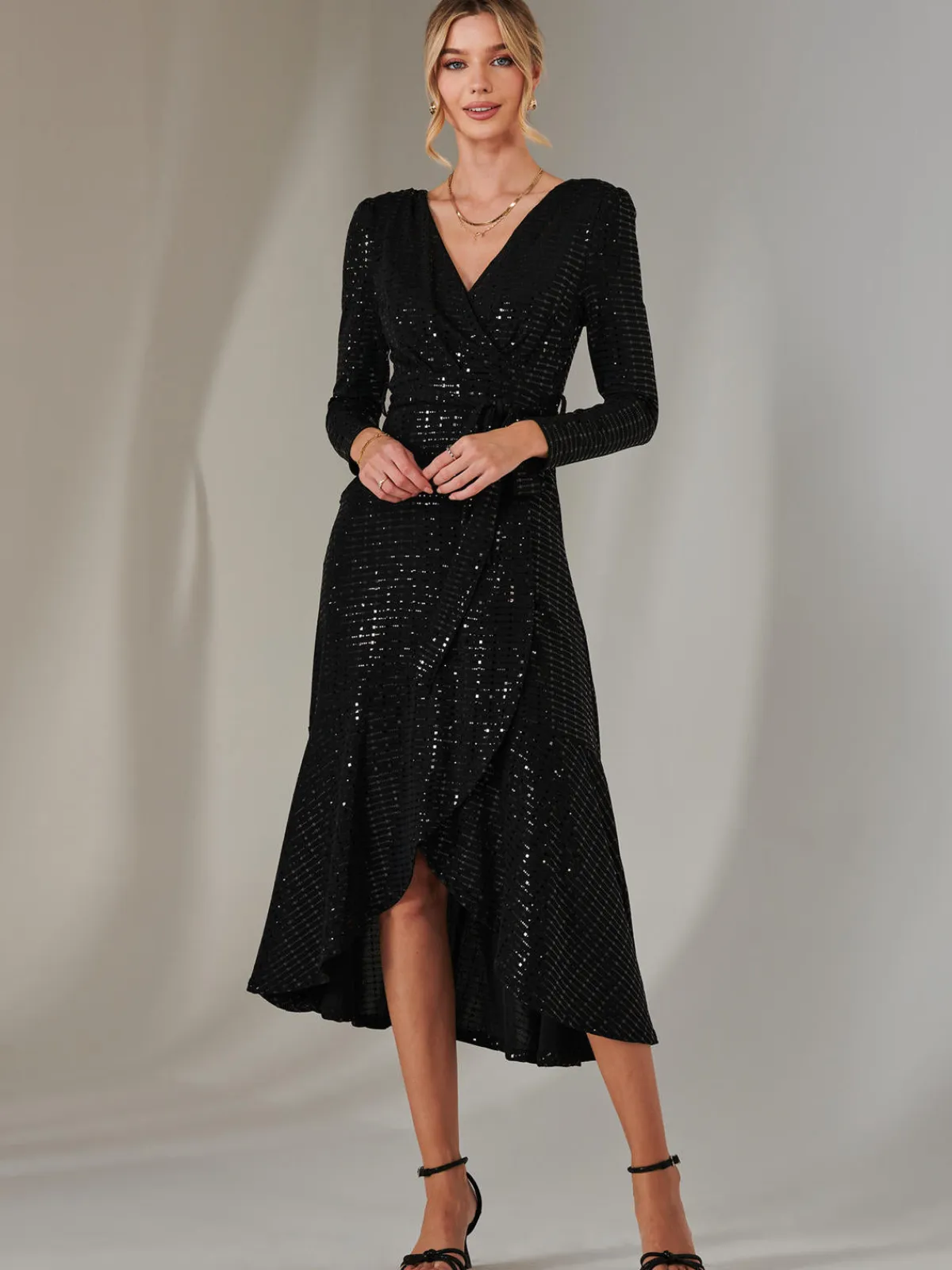 Jolie Moi Occasion Dresses|Wrap Dresses-Long Sleeve Metallic Spot Maxi Dress, Black