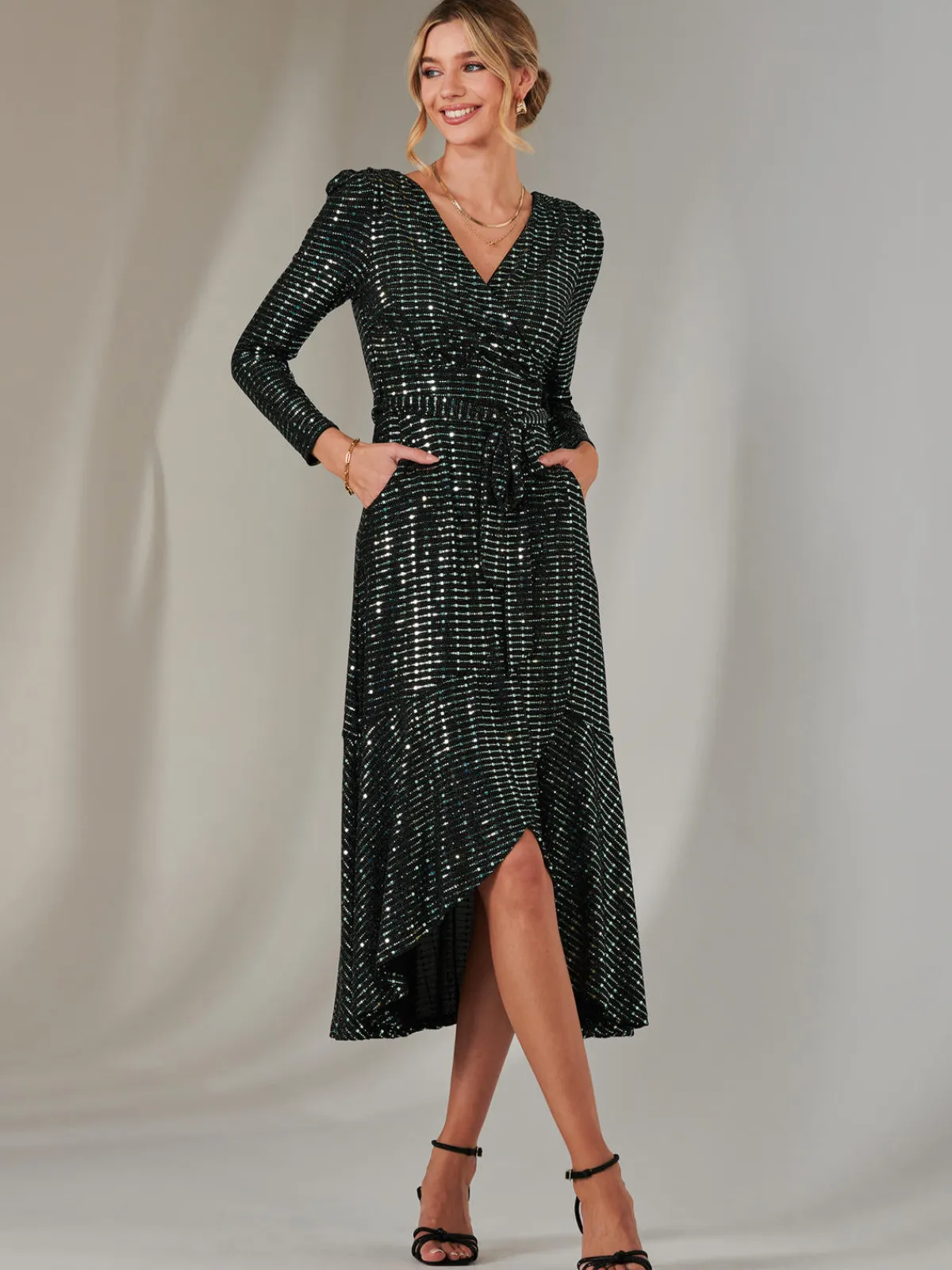 Jolie Moi Occasion Dresses|Wrap Dresses-Long Sleeve Metallic Spot Maxi Dress, Black Green