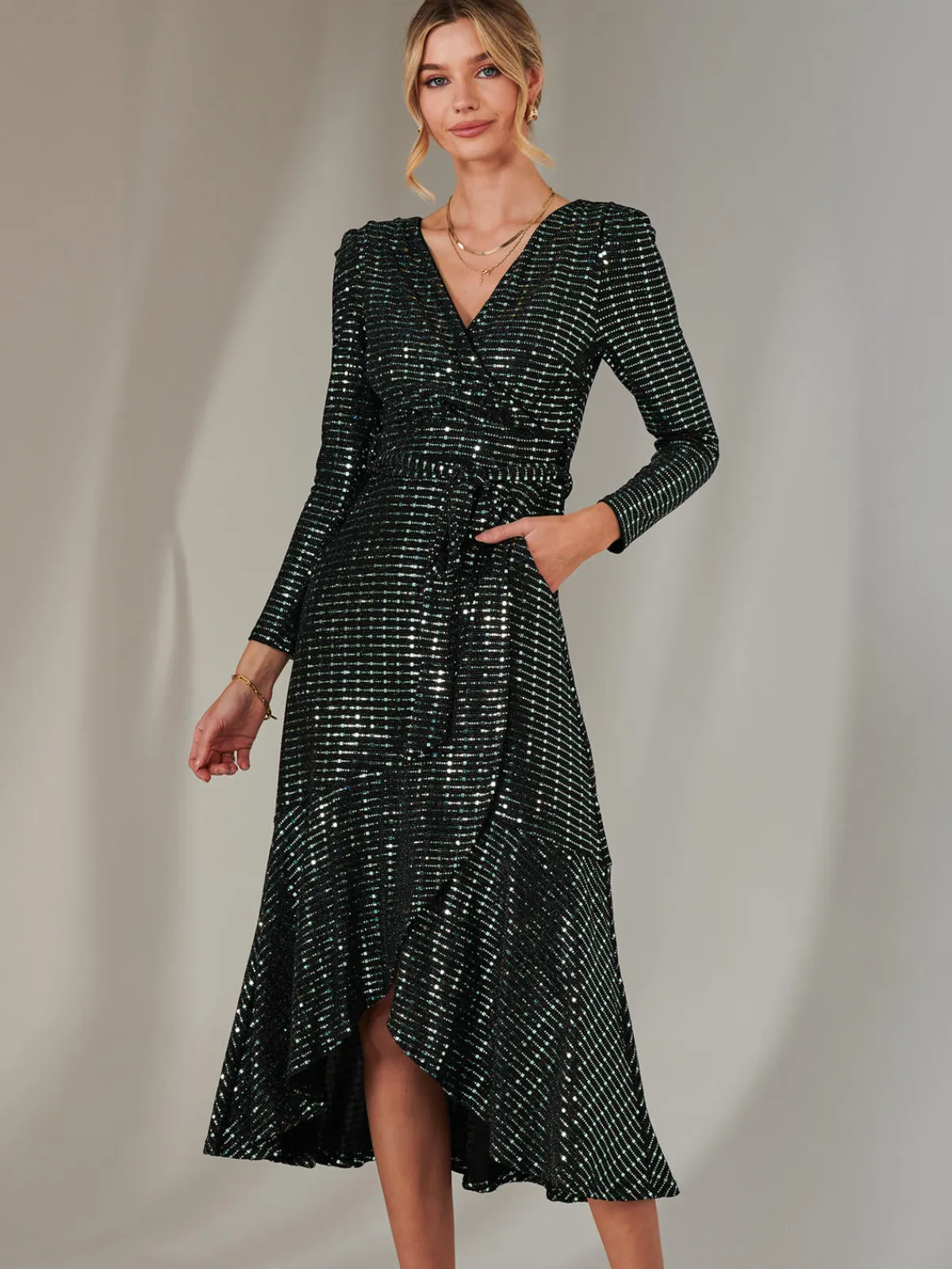 Jolie Moi Occasion Dresses|Wrap Dresses-Long Sleeve Metallic Spot Maxi Dress, Black Green