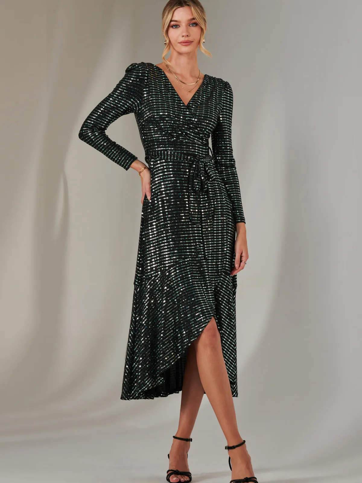 Jolie Moi Occasion Dresses|Wrap Dresses-Long Sleeve Metallic Spot Maxi Dress, Black Green