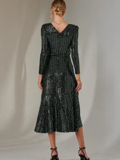 Jolie Moi Occasion Dresses|Wrap Dresses-Long Sleeve Metallic Spot Maxi Dress, Black Green