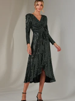 Jolie Moi Occasion Dresses|Wrap Dresses-Long Sleeve Metallic Spot Maxi Dress, Black Green
