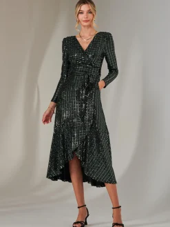 Jolie Moi Occasion Dresses|Wrap Dresses-Long Sleeve Metallic Spot Maxi Dress, Black Green