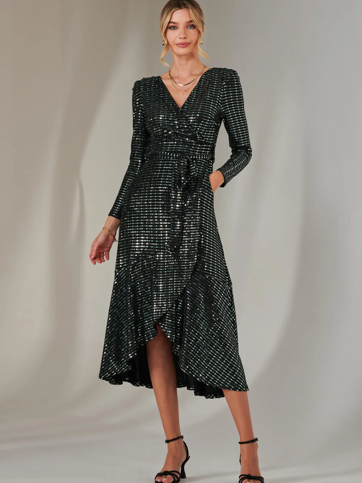 Jolie Moi Occasion Dresses|Wrap Dresses-Long Sleeve Metallic Spot Maxi Dress, Black Green
