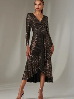 Jolie Moi Occasion Dresses|Wrap Dresses-Long Sleeve Metallic Spot Maxi Dress, Black Rose Gold