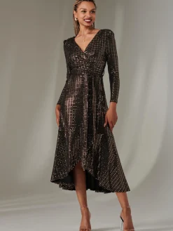 Jolie Moi Occasion Dresses|Wrap Dresses-Long Sleeve Metallic Spot Maxi Dress, Black Rose Gold