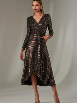 Jolie Moi Occasion Dresses|Wrap Dresses-Long Sleeve Metallic Spot Maxi Dress, Black Rose Gold