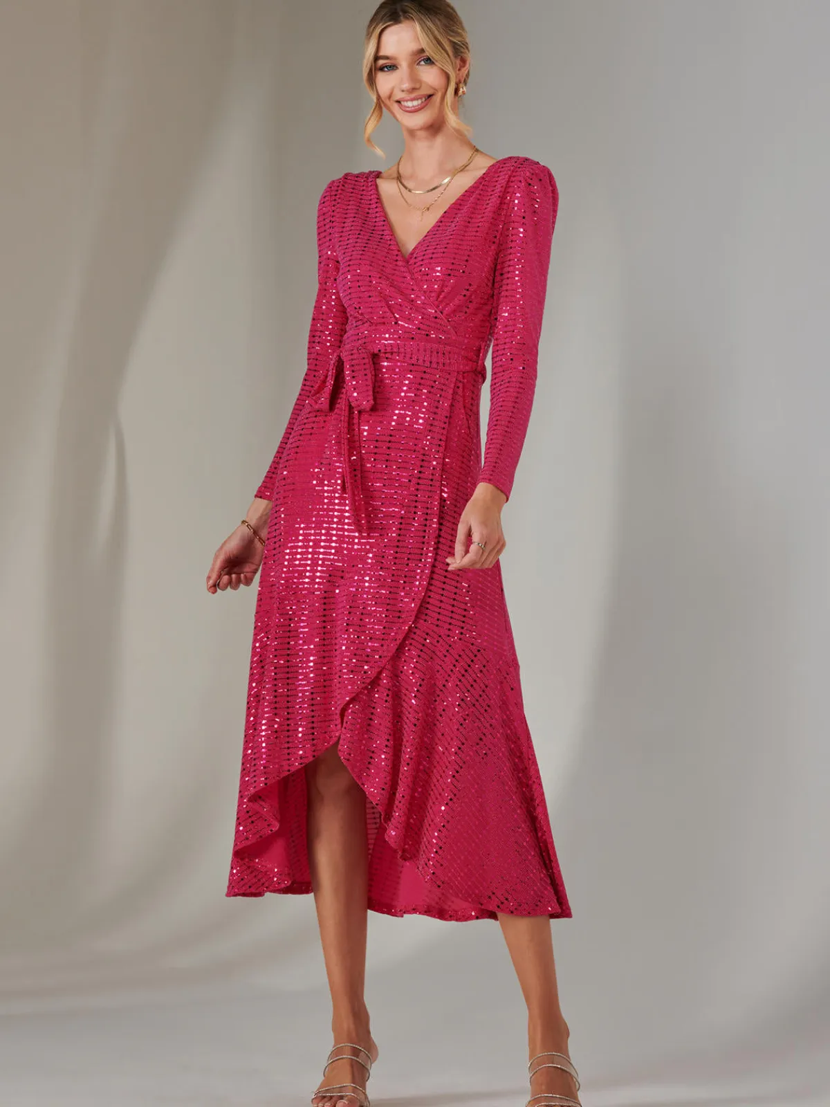 Jolie Moi Occasion Dresses|Wrap Dresses-Long Sleeve Metallic Spot Maxi Dress, Fuschia