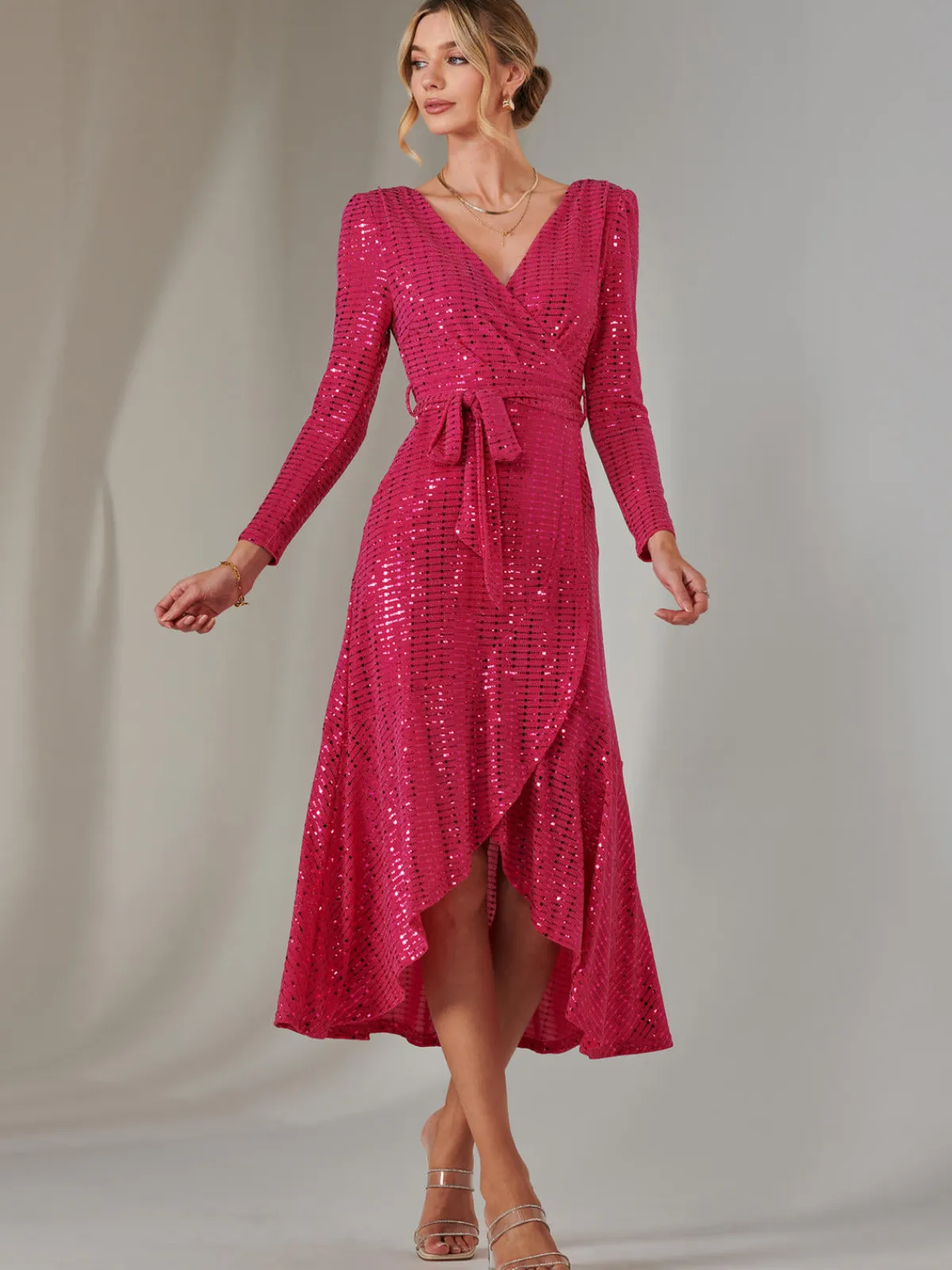 Jolie Moi Occasion Dresses|Wrap Dresses-Long Sleeve Metallic Spot Maxi Dress, Fuschia