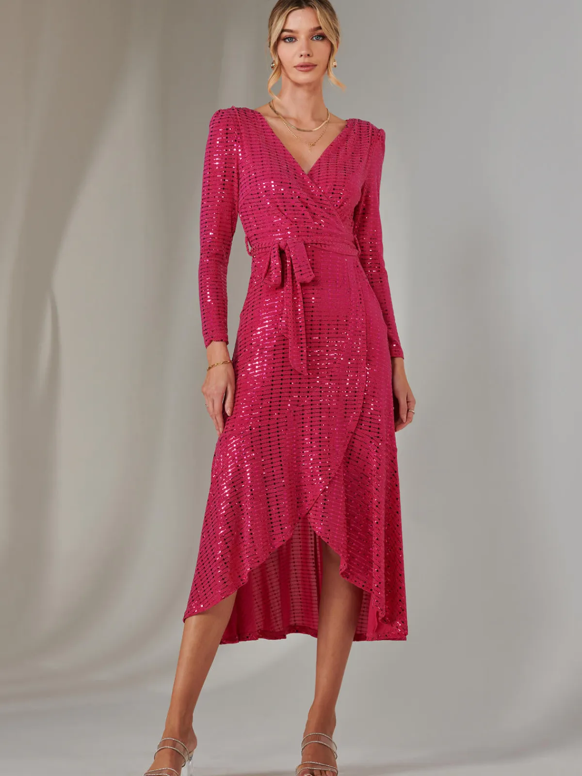 Jolie Moi Occasion Dresses|Wrap Dresses-Long Sleeve Metallic Spot Maxi Dress, Fuschia