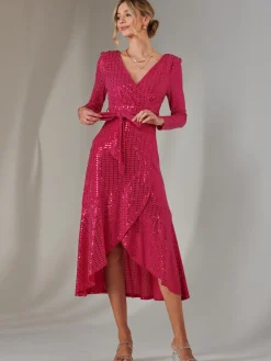 Jolie Moi Occasion Dresses|Wrap Dresses-Long Sleeve Metallic Spot Maxi Dress, Fuschia