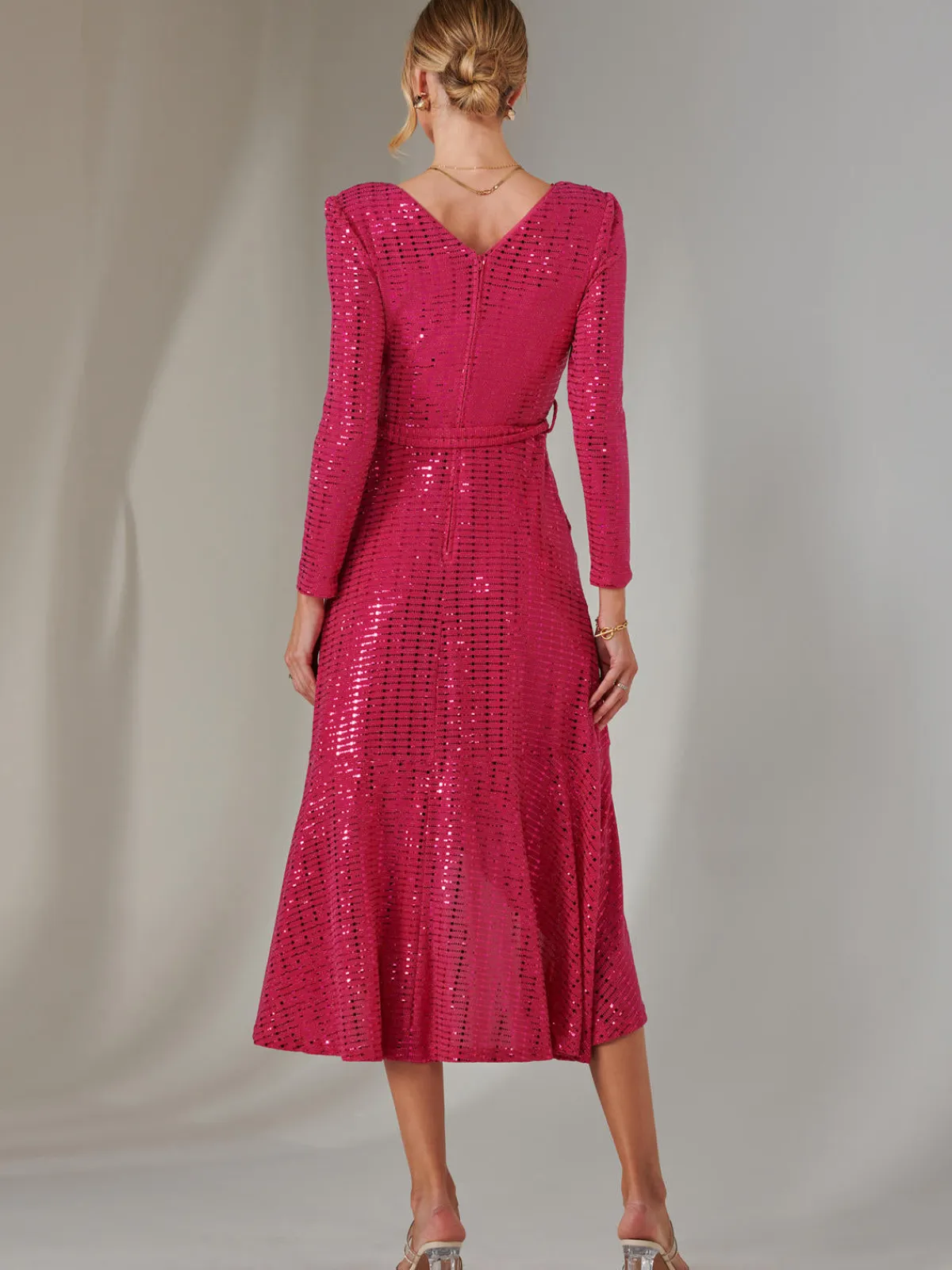 Jolie Moi Occasion Dresses|Wrap Dresses-Long Sleeve Metallic Spot Maxi Dress, Fuschia
