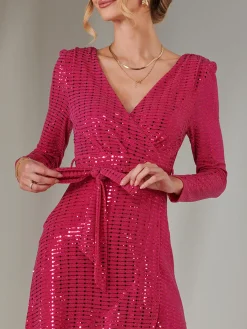 Jolie Moi Occasion Dresses|Wrap Dresses-Long Sleeve Metallic Spot Maxi Dress, Fuschia