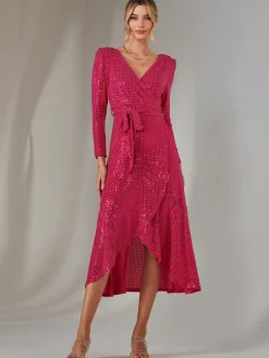 Jolie Moi Occasion Dresses|Wrap Dresses-Long Sleeve Metallic Spot Maxi Dress, Fuschia