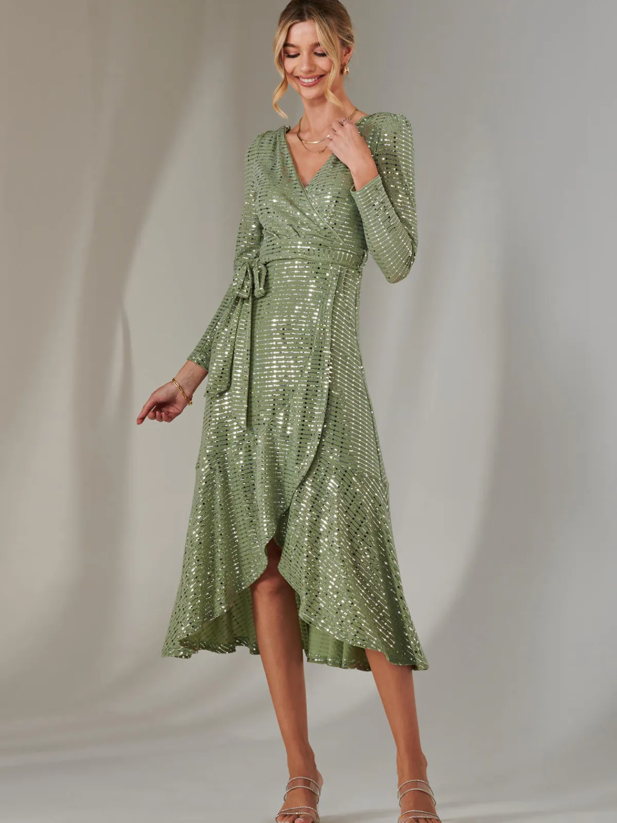 Jolie Moi Occasion Dresses|Wrap Dresses-Long Sleeve Metallic Spot Maxi Dress, Green Silver