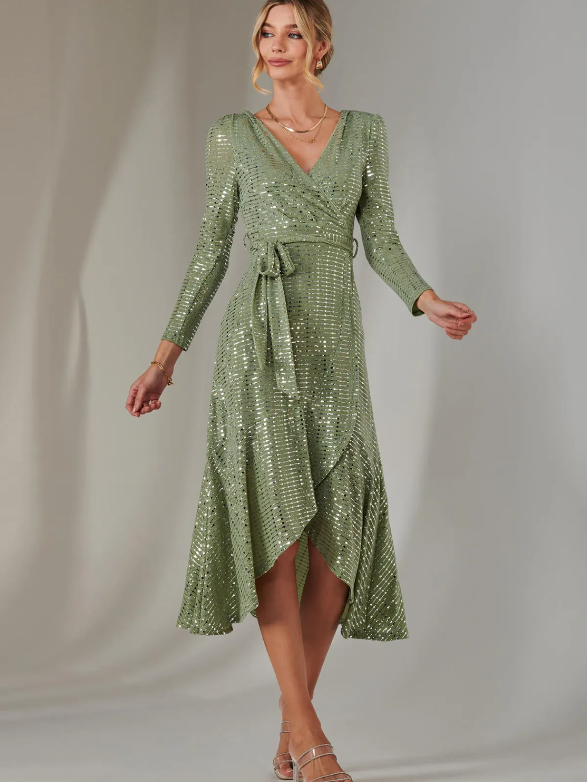 Jolie Moi Occasion Dresses|Wrap Dresses-Long Sleeve Metallic Spot Maxi Dress, Green Silver