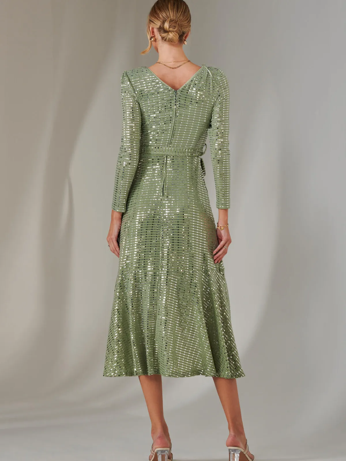Jolie Moi Occasion Dresses|Wrap Dresses-Long Sleeve Metallic Spot Maxi Dress, Green Silver