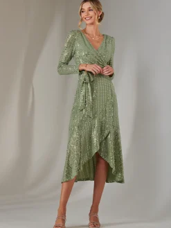 Jolie Moi Occasion Dresses|Wrap Dresses-Long Sleeve Metallic Spot Maxi Dress, Green Silver
