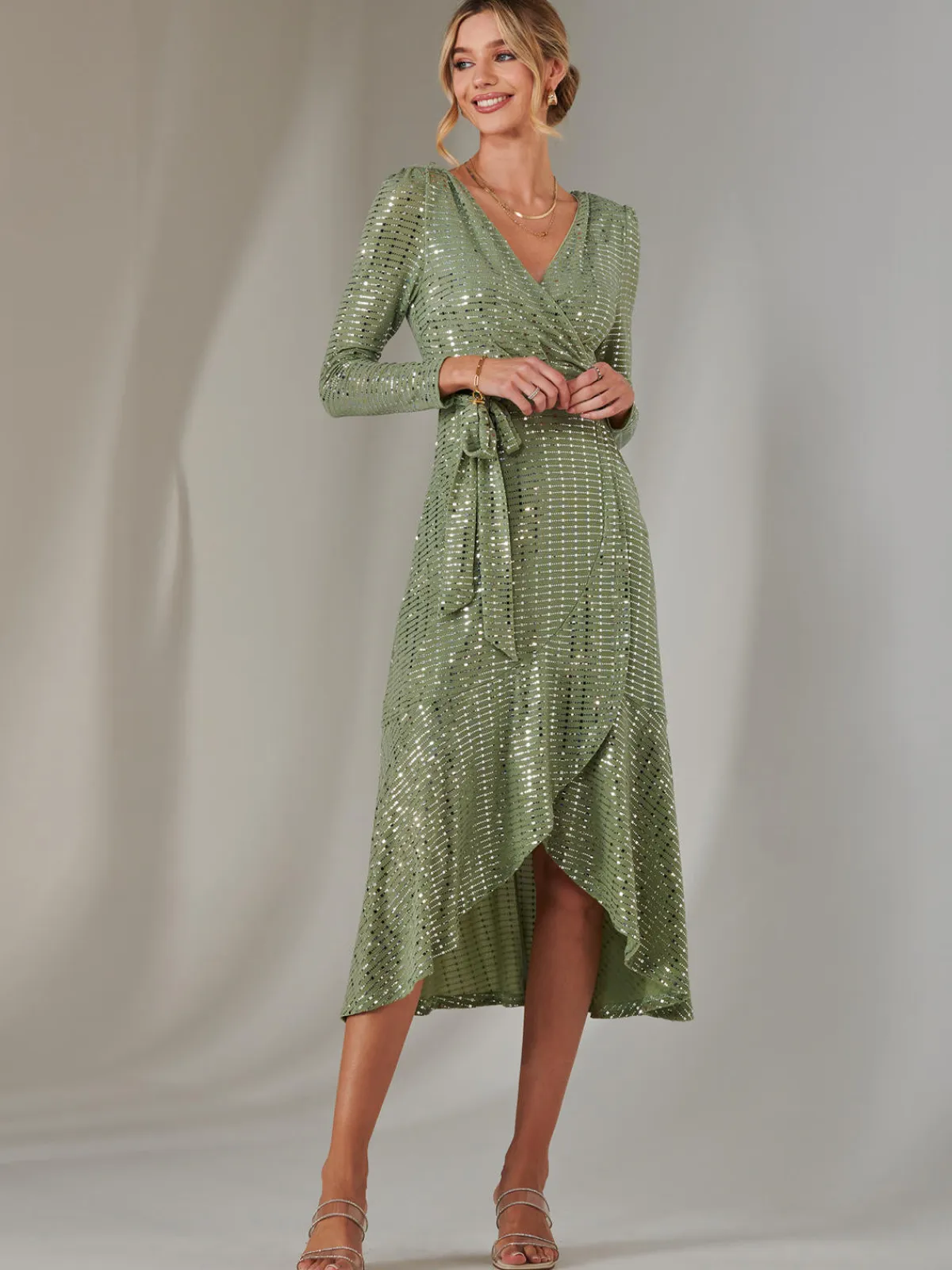 Jolie Moi Occasion Dresses|Wrap Dresses-Long Sleeve Metallic Spot Maxi Dress, Green Silver