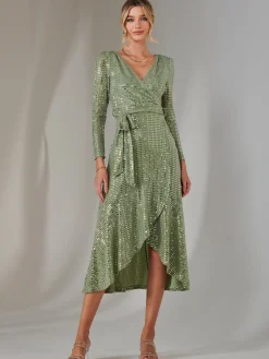 Jolie Moi Occasion Dresses|Wrap Dresses-Long Sleeve Metallic Spot Maxi Dress, Green Silver