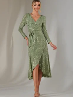Jolie Moi Occasion Dresses|Wrap Dresses-Long Sleeve Metallic Spot Maxi Dress, Green Silver