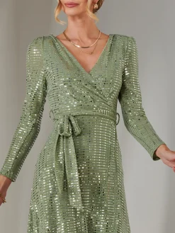 Jolie Moi Occasion Dresses|Wrap Dresses-Long Sleeve Metallic Spot Maxi Dress, Green Silver