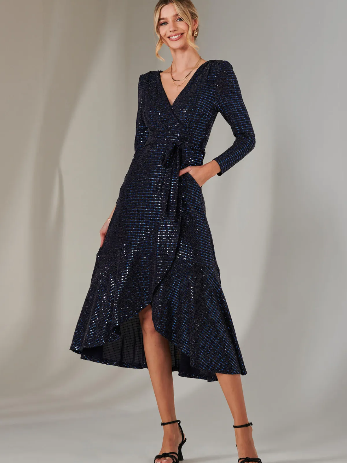 Jolie Moi Occasion Dresses|Wrap Dresses-Long Sleeve Metallic Spot Maxi Dress, Navy