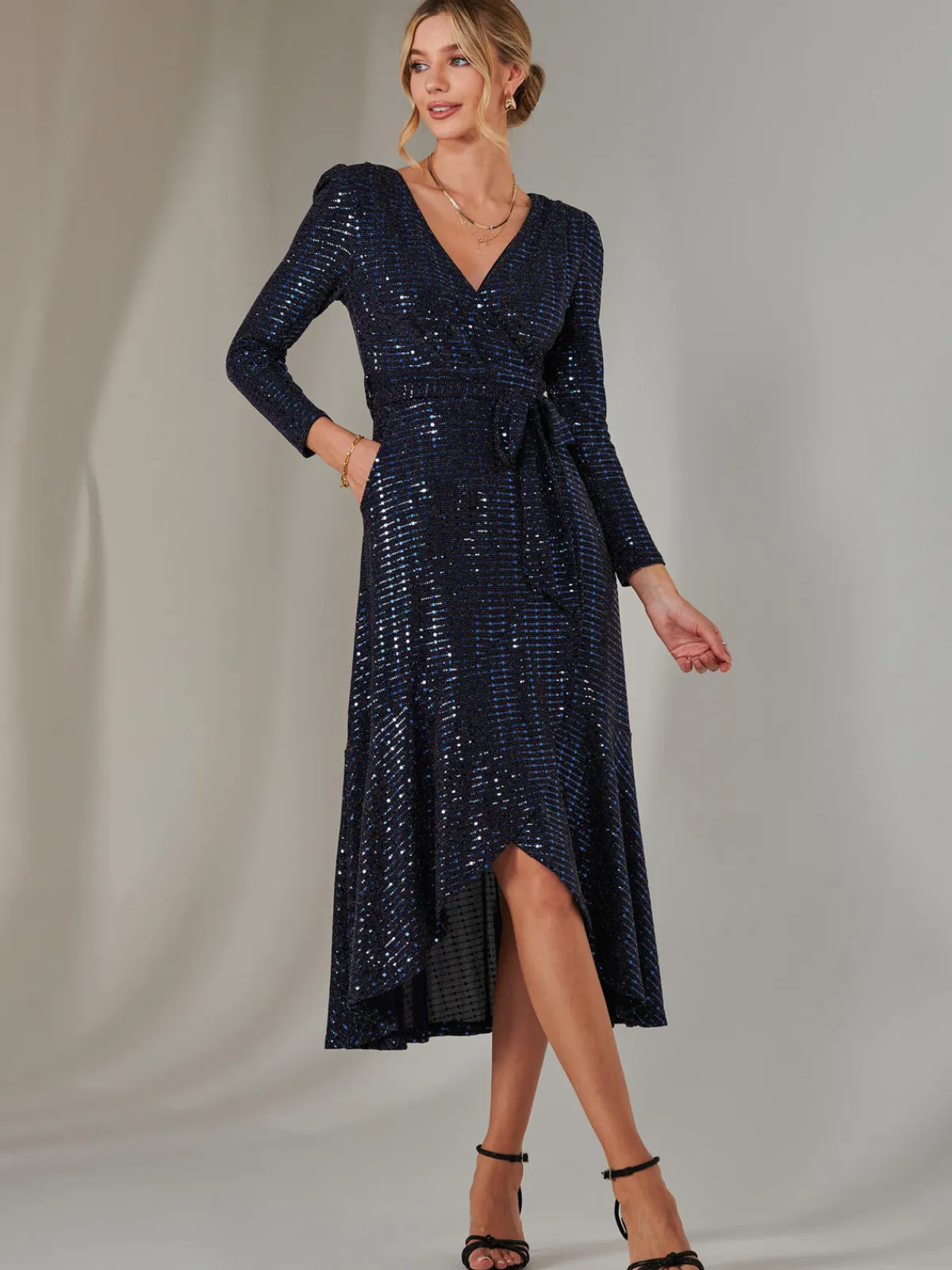 Jolie Moi Occasion Dresses|Wrap Dresses-Long Sleeve Metallic Spot Maxi Dress, Navy