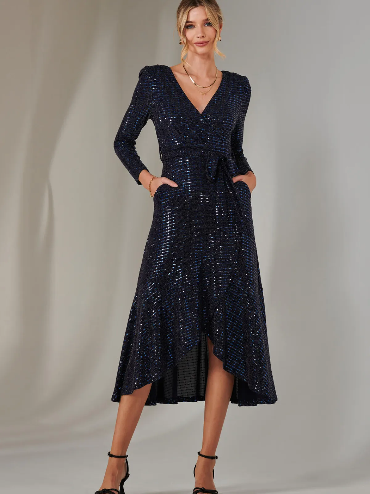 Jolie Moi Occasion Dresses|Wrap Dresses-Long Sleeve Metallic Spot Maxi Dress, Navy