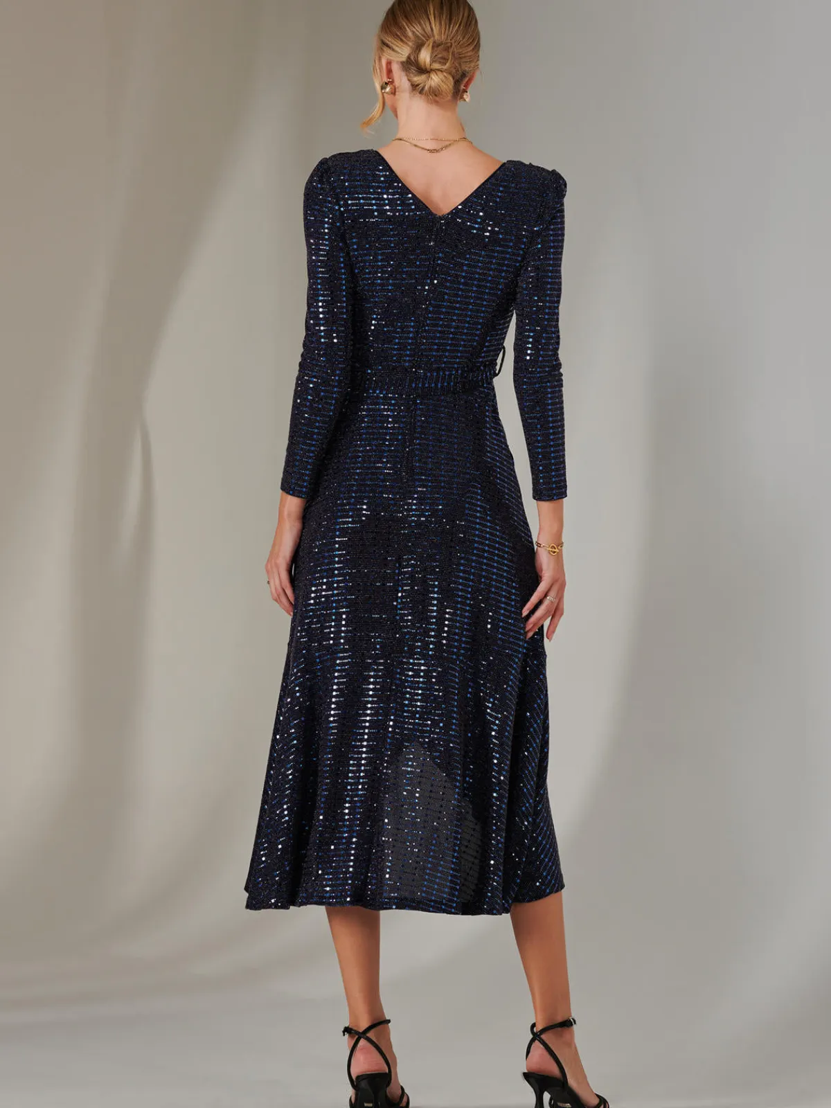 Jolie Moi Occasion Dresses|Wrap Dresses-Long Sleeve Metallic Spot Maxi Dress, Navy