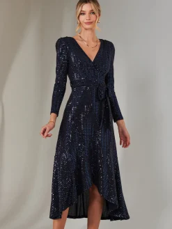 Jolie Moi Occasion Dresses|Wrap Dresses-Long Sleeve Metallic Spot Maxi Dress, Navy