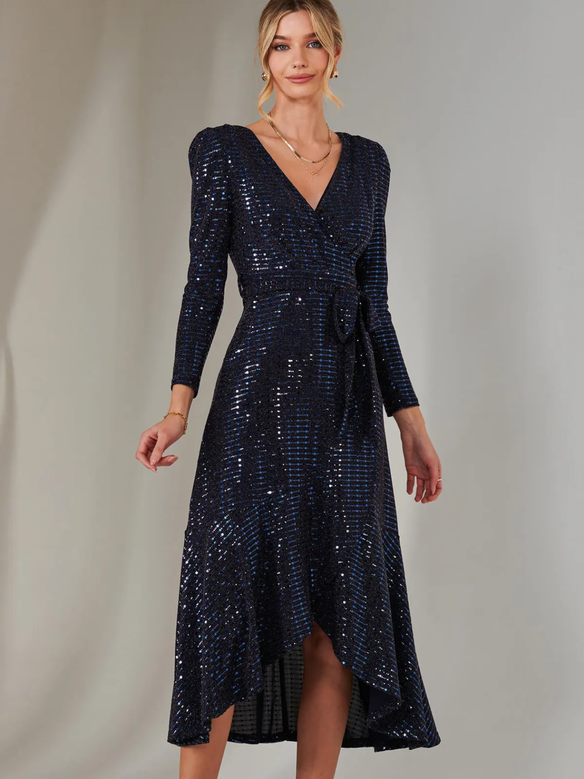 Jolie Moi Occasion Dresses|Wrap Dresses-Long Sleeve Metallic Spot Maxi Dress, Navy