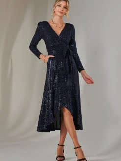 Jolie Moi Occasion Dresses|Wrap Dresses-Long Sleeve Metallic Spot Maxi Dress, Navy