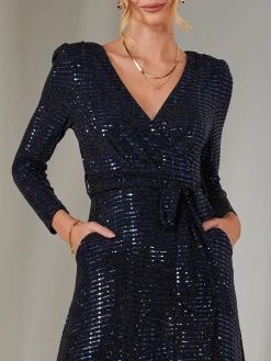 Jolie Moi Occasion Dresses|Wrap Dresses-Long Sleeve Metallic Spot Maxi Dress, Navy