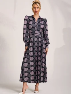 Jolie Moi Occasion Dresses|Jersey Dresses-Long Sleeve Pleated Jersey Maxi Dress, Purple Multi