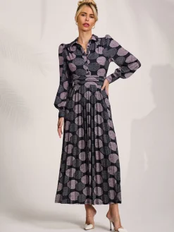 Jolie Moi Occasion Dresses|Jersey Dresses-Long Sleeve Pleated Jersey Maxi Dress, Purple Multi