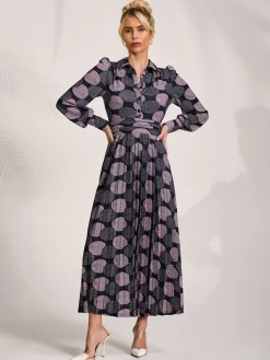 Jolie Moi Occasion Dresses|Jersey Dresses-Long Sleeve Pleated Jersey Maxi Dress, Purple Multi