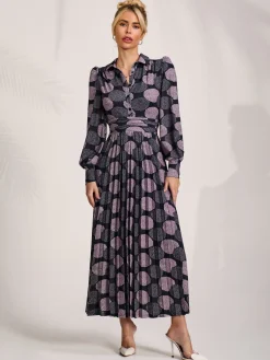 Jolie Moi Occasion Dresses|Jersey Dresses-Long Sleeve Pleated Jersey Maxi Dress, Purple Multi