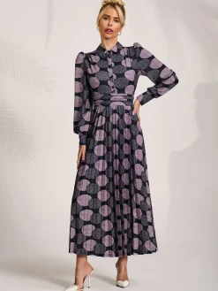 Jolie Moi Occasion Dresses|Jersey Dresses-Long Sleeve Pleated Jersey Maxi Dress, Purple Multi