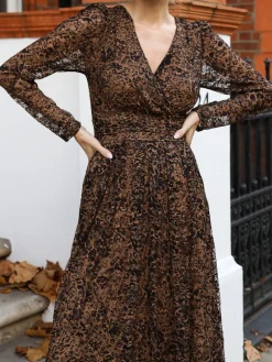 Jolie Moi Occasion Dresses|Signature Lace-Long Sleeve Pleated Lace Maxi Dress, Brown Animal
