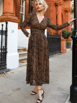 Jolie Moi Occasion Dresses|Signature Lace-Long Sleeve Pleated Lace Maxi Dress, Brown Animal