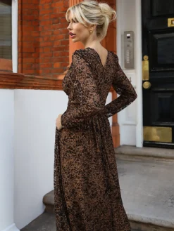 Jolie Moi Occasion Dresses|Signature Lace-Long Sleeve Pleated Lace Maxi Dress, Brown Animal