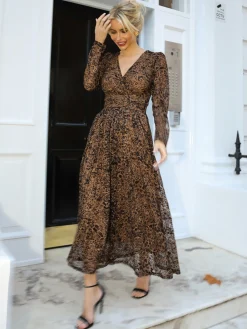 Jolie Moi Occasion Dresses|Signature Lace-Long Sleeve Pleated Lace Maxi Dress, Brown Animal