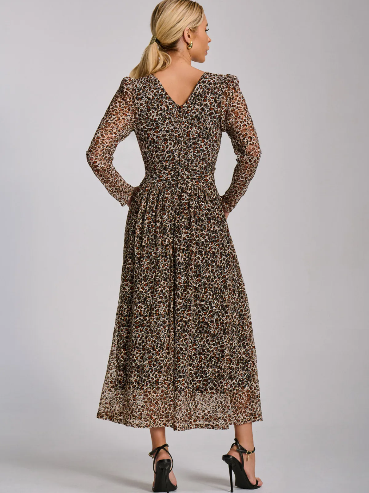 Jolie Moi Occasion Dresses|Signature Lace-Long Sleeve Pleated Lace Maxi Dress, Neutral Animal