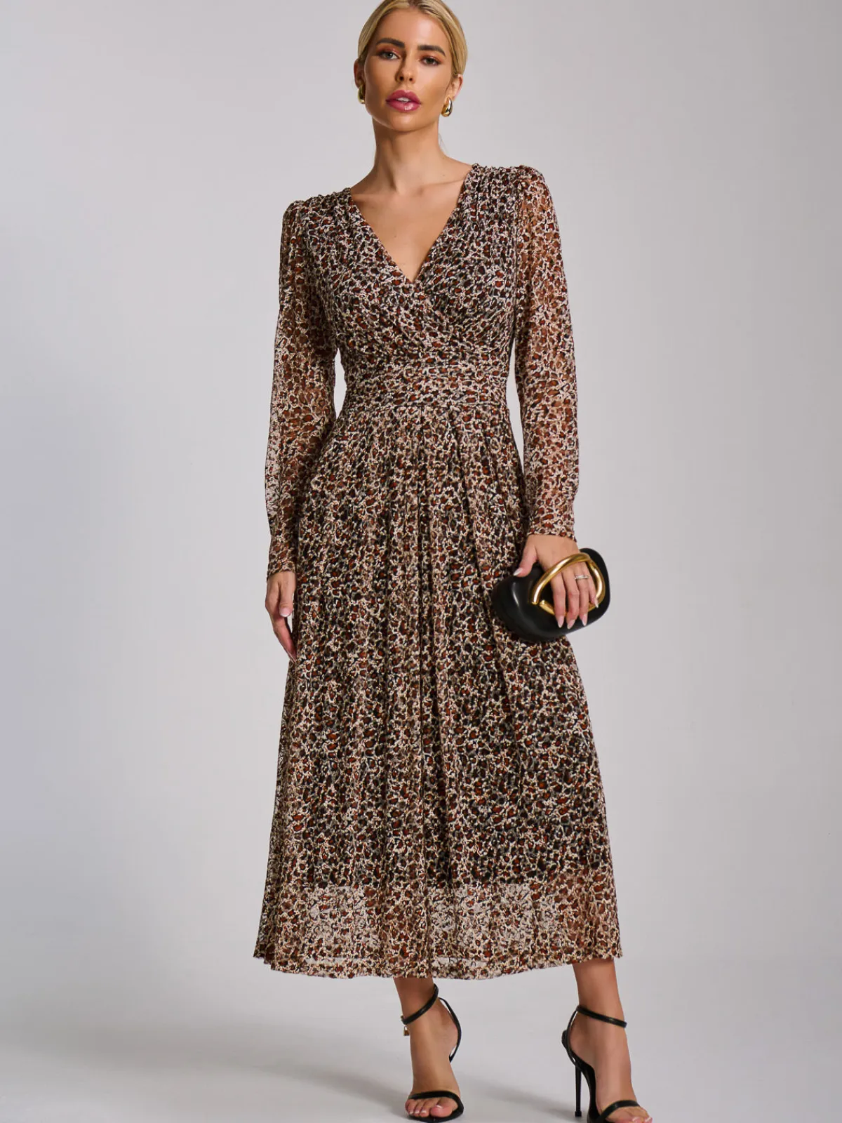 Jolie Moi Occasion Dresses|Signature Lace-Long Sleeve Pleated Lace Maxi Dress, Neutral Animal