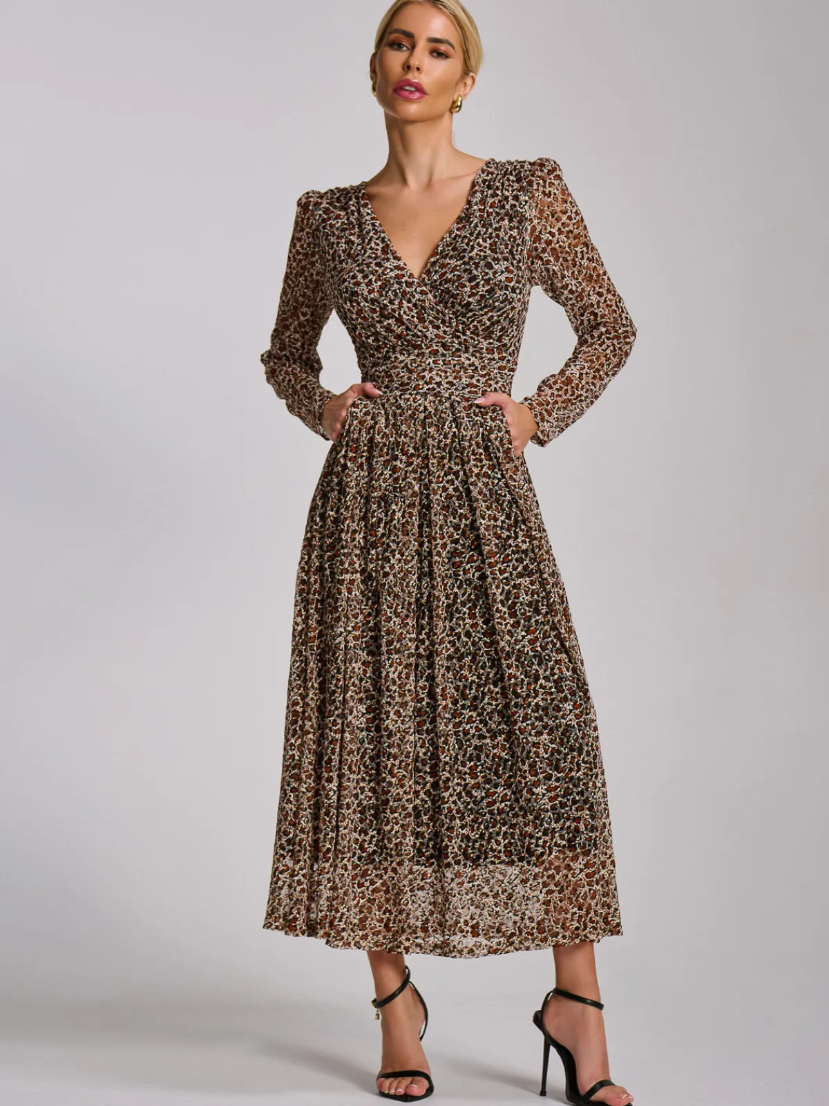Jolie Moi Occasion Dresses|Signature Lace-Long Sleeve Pleated Lace Maxi Dress, Neutral Animal